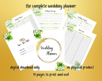 May include: A printable wedding planner with a floral design and gold accents. The planner includes sections for budgeting, wedding entourage, contacts, and a guest list. The text "The complete wedding planner" and "19 pages to print and use!" are visible.