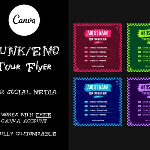May include: Four social media post templates for a punk or emo band tour. Each template features a checkered background with a grunge effect, a colorful border, and a text box for the band name, tour name, and dates. The text "ARTIST NAME" and "YOUR TOUR NAME HERE" is included in each template.