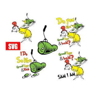 Op de afbeelding: Green Eggs and Ham SVG-snijbestand met Sam I Am, een personage uit het boek van Dr. Seuss, die een bord met groene eieren en ham vasthoudt. De tekst "Hou je van groene eieren en ham?" en "Sam I Am" zijn in het ontwerp opgenomen.