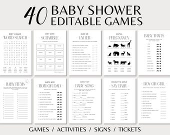 Paquete de juegos para baby shower, imprimible minimalista con chispas, actividad sencilla para fiesta de revelación de género, plantilla editable para romper el hielo, edición con Canva