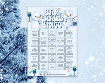Bingo de bar crawl de invierno, juegos de beber para despedidas de soltera en invierno después de esquiar, búsqueda del tesoro para cumpleaños de clubes, linda noche retro de chicas en pubs en la nieve
