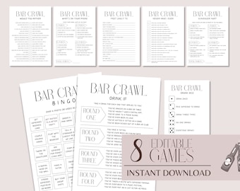 Búsqueda del tesoro de rastreo de bares, rastreo de bares de cumpleaños imprimible, bingo nocturno para damas, paquete de juegos para beber de despedida de soltera, noche de chicas que nunca he tenido