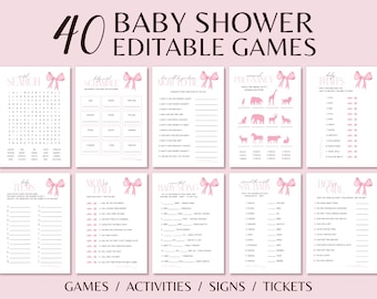 Paquete de juegos para baby shower con lazo, imprimible con chispas de cinta rosa ruborizada, actividad para fiesta de niña coqueta, plantilla editable de Canva para romper el hielo