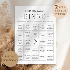 Vind de gastbingo, ijsbrekerspel, afdrukbaar vrijgezellenfeestspel, minimalistische bingokaarten, feestactiviteit, bruiloft bingo familiereünie