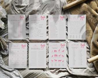 Paquete de 40 juegos para baby shower con lazos, actividad imprimible para fiesta de niña con lazo rosa ruborizado, plantilla editable de Canva para romper el hielo.