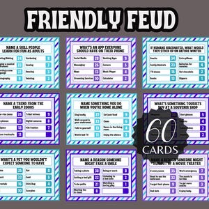 Op de afbeelding: Een set van 60 kaarten voor een spel genaamd "Friendly Feud". De kaarten zijn verdeeld in 10 categorieën, elk met een andere vraag. De vragen zijn ontworpen om leuk en boeiend te zijn voor volwassenen. De kaarten zijn gedrukt op een witte achtergrond met blauwe en paarse strepen.