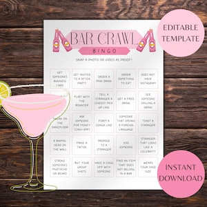 Bingo de rastreo de bares, rastreo de bares de cumpleaños imprimible, búsqueda del tesoro nocturna para damas, juegos de bebida para despedidas de soltera, actividad nocturna para niñas, salto de bar