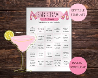 Bingo de Bar Crawl, imprimible de Bar Crawl para cumpleaños, búsqueda del tesoro para la noche de chicas, juegos de beber para despedidas de soltera, actividad para la noche de chicas, ir de bar en bar