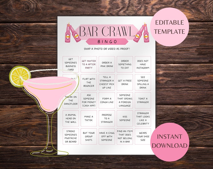 Editable Bar Crawl Bingo Game, Printable Find Someone Who Bar Hopping