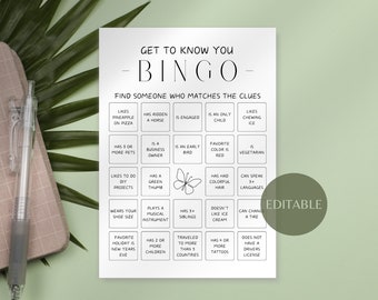Bingo para encontrar invitados, preguntas para conocerse, juego para romper el hielo en la oficina, imprimible editable para despedida de soltera, actividad para la fiesta de bodas.
