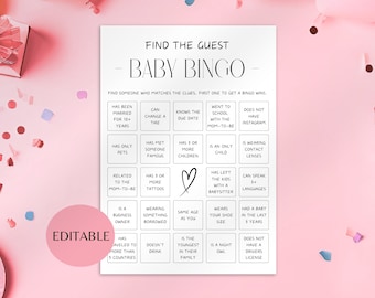 Bingo para bebés: Encuentra al invitado, Baby Shower imprimible, Juego para romper el hielo editable con chispas, Tarjetas de bingo minimalistas, Fiesta de revelación de género