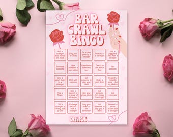 Juego de bingo de bar para adultos en Galentines, juego de beber de San Valentín, noche de chicas, búsqueda del tesoro de cumpleaños, despedida de soltera con paseo retro por pubs