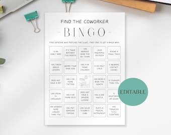 Bingo para encontrar compañeros de trabajo, juego para romper el hielo en la oficina, juegos para fiestas de jubilación, favoritos de los empleados, actividad grupal para fomentar el espíritu de equipo, seminario divertido para imprimir