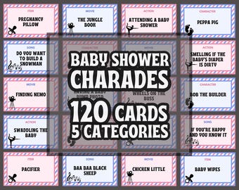 Tarjetas de charadas para baby shower, juegos imprimibles para revelar el género del bebé, dibujo de personajes de películas, juego familiar con canciones para actuar