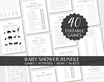 Paquete de juegos minimalistas para baby shower, elegante actividad para fiesta de revelación de género, plantilla de Canva editable e imprimible para romper el hielo