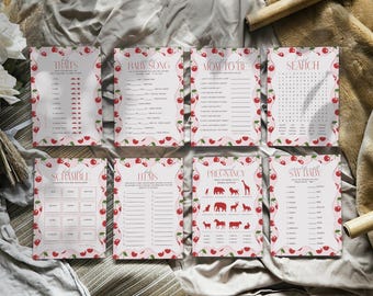 Paquete de 40 juegos para baby shower con temática de cerezas, imprimible de cerezas en la parte superior, actividad para fiesta de niña coqueta, plantilla editable de Canva con dulces bayas