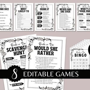 Jeux EVJF, mariage gothique modifiable, EVJF gothique imprimable, bingo douche nuptiale, modèle Boochelorette tête de mort & Rose