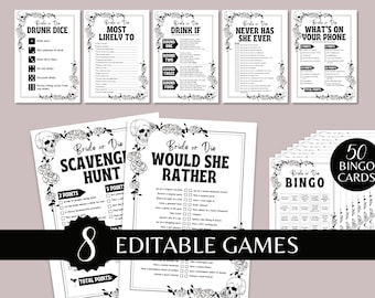 Juegos de despedida de soltera Bride or Die, boda gótica editable, despedida de soltera gótica imprimible, bingo de despedida de soltera, plantilla de Boochelorette Skull & Rose