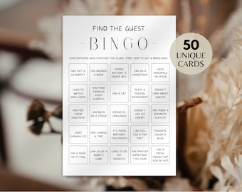 Bingo para encontrar al invitado, juego para romper el hielo, juego imprimible para despedida de soltera, bingo para compañeros de trabajo, actividad para fiestas, bingo para bodas y reuniones familiares.