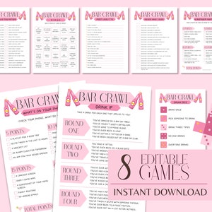Può includere: Giochi stampabili per bar crawl rosa e bianchi. L'immagine mostra otto diversi fogli di gioco con titoli come "Would You Rather" e "Drink If". Sono visibili anche le parole "Giochi modificabili" e "Download istantaneo".