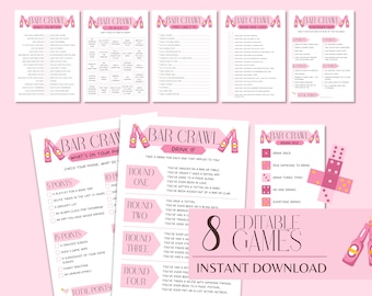 Búsqueda del tesoro de rastreo de bares, rastreo de bares de cumpleaños imprimible, bingo nocturno para damas, paquete de juegos para beber de despedida de soltera, noche de chicas que nunca he tenido