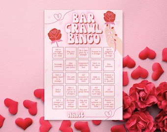 Bingo de bares para adultos en San Valentín, juegos de beber para Galentine, noche de chicas, búsqueda del tesoro de cumpleaños, despedida de soltera con temática retro de pubs