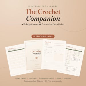 Può includere: Un planner PDF stampabile intitolato The Crochet Companion, un tracker di 10 pagine per creatori. Il set include una pagina di copertina, un planner di progetto, un inventario di filati e un foglio di riferimento con tabelle.