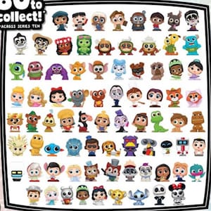 May include: A collection of 80 Disney character figurines, featuring characters from various Disney movies. The figurines are small and colorful, and they are arranged in a grid pattern. The text "80 to collect! Across Series Ten" is at the top of the image.