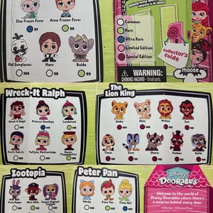 May include: A colorful chart featuring Disney characters from various movies, including Frozen, Wreck-It Ralph, The Lion King, Zootopia, and Peter Pan. Each character is depicted as a small, collectible figure with a number underneath. The chart also includes a color-coded key indicating the rarity of each figure.