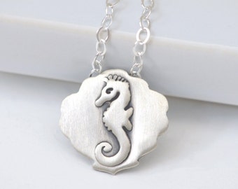 Sterling Silver Seahorse Necklace - Sterling Silver, Seahorse, Seashell, Pendant
