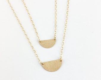 Hammered Half Moon Gold Disc Necklace, 14K Gold Filled