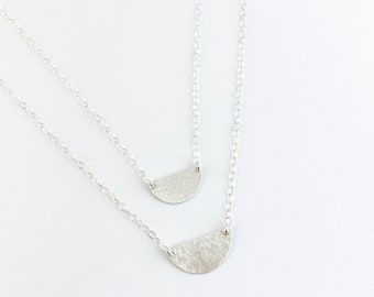 Hammered Half Moon Silver Disc Necklace, Sterling Silver Minimalist Half Circle