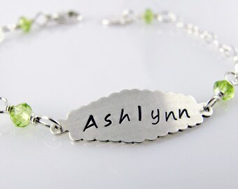 Personalized Name Bracelet - Sterling Silver, Gemstone Beads, Stamped Name