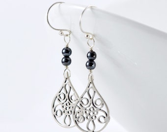 Teardrop Scroll Hematite Earrings - Sterling Silver Teardrops, Hematite Beads