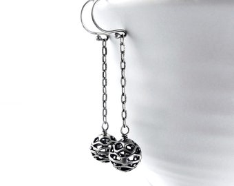 Ornate Spheres Dangle Earrings - Bali Ornate Round Beads, Sterling Silver, Long Earrings