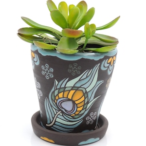 May include: A decorative ceramic flower pot with a peacock feather design in yellow, blue, and teal on a dark brown background. The pot holds a green succulent plant. The pot sits on a matching saucer.