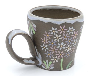 10 oz Allium Clay Coffee Mug // ceramic cup, coffee cup, handmade pottery, wheelthrown pottery, purple flower