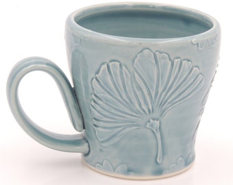 Pottery Mug // ginkgo leaves, coffee cup, ceramic mug, handmade pottery, clay mug, wheel thrown pottery, ombre, ginkgo biloba leaf