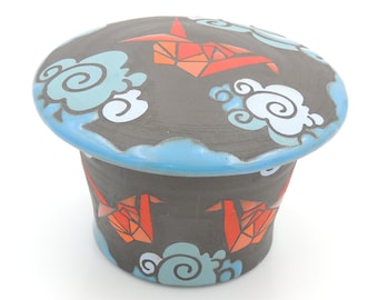 3.5'' x 5'' Origami Crane Jar //  bird, handmade pottery, cloud, wheel thrown pottery, blue and red, trinket spice jar