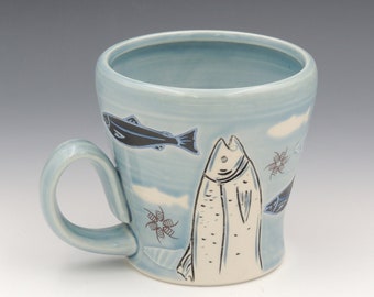 Fish Coffee Mug // clay mug, pottery mug, salmon, handmade pottery, coffee cup, blue, porcelain, wheel thrown pottery, mishima, handmade cup