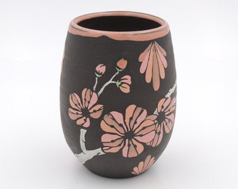 12 oz Cherry Blossom Wine Tumbler //  flowers, handmade pottery, flowers, wheel thrown pottery, white and pink cup