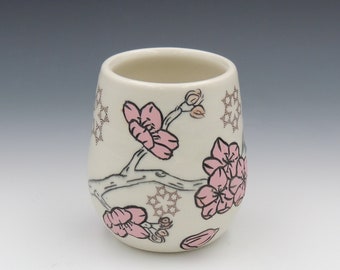 Ceramic Wine Cup // wine tumbler, ceramic tumbler, clay cocktail cup, wheelthrown, handmade, white and pink cup, cherry blossoms, flowers