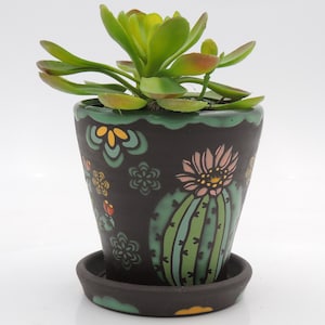 4'' Ceramic Planter with Cactus and tray // Cacti, flower pot, handmade pottery