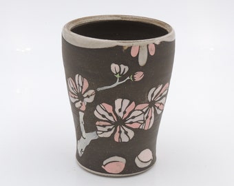 10 oz Cherry Blossom Tumbler //  flowers, handmade pottery, flowers, wheel thrown pottery, white and pink