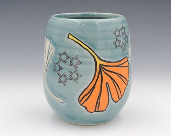 Pottery Wine Tumbler // ginkgo leaves, cup, ceramic mug, handmade pottery, teal, clay cup, wheel thrown pottery, ombre, ginkgo biloba