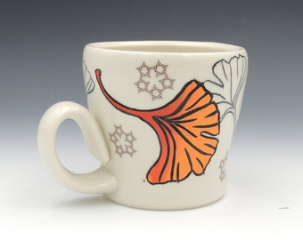 Pottery Mug // ginkgo leaves, coffee cup, ceramic mug, handmade pottery, rainbow, clay mug, wheel thrown pottery, ombre, ginkgo biloba leaf