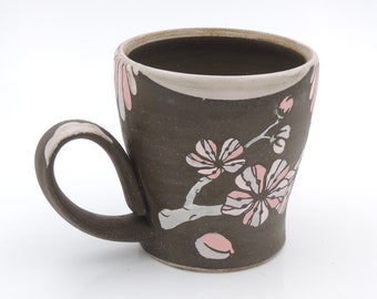 12 oz Cherry Blossom Pottery Mug //  flowers, coffee cup, ceramic mug, handmade pottery, clay mug, wheel thrown pottery, white and pink