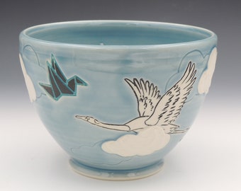 Ceramic Bowl // clay cereal bowl, clay dish, pottery bowl, wheelthrown pottery, handmade pottery, blue bowl, origami, mishima, birds, crane