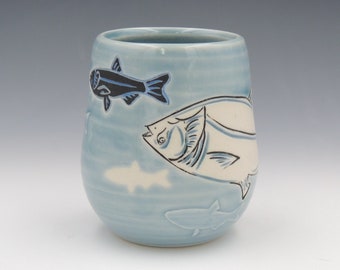 Fish Wine Cup // clay tumbler, pottery cup, handmade pottery, cocktail cup, blue cup, porcelain, wheel thrown pottery, mishima, handmade cup