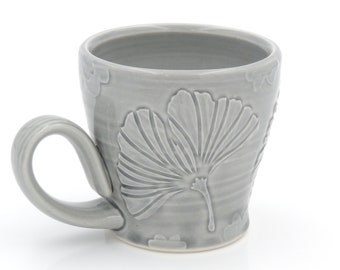 Pottery Mug // ginkgo leaves, coffee cup, ceramic mug, handmade pottery, clay mug, wheel thrown pottery, ginkgo biloba leaf